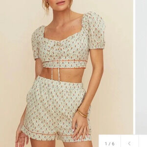 KOURT Cream Floral Crop Top and Short Set NWT M